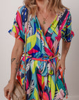 Tropical Wrap V-Neck Belted Romper