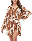 Light Brown Cow Print Women's Long Sleeve Belted Satin Feel Dressing Lounge Robe