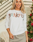 Thankful Embroidered Ribbed Trim Thanksgiving Sweater