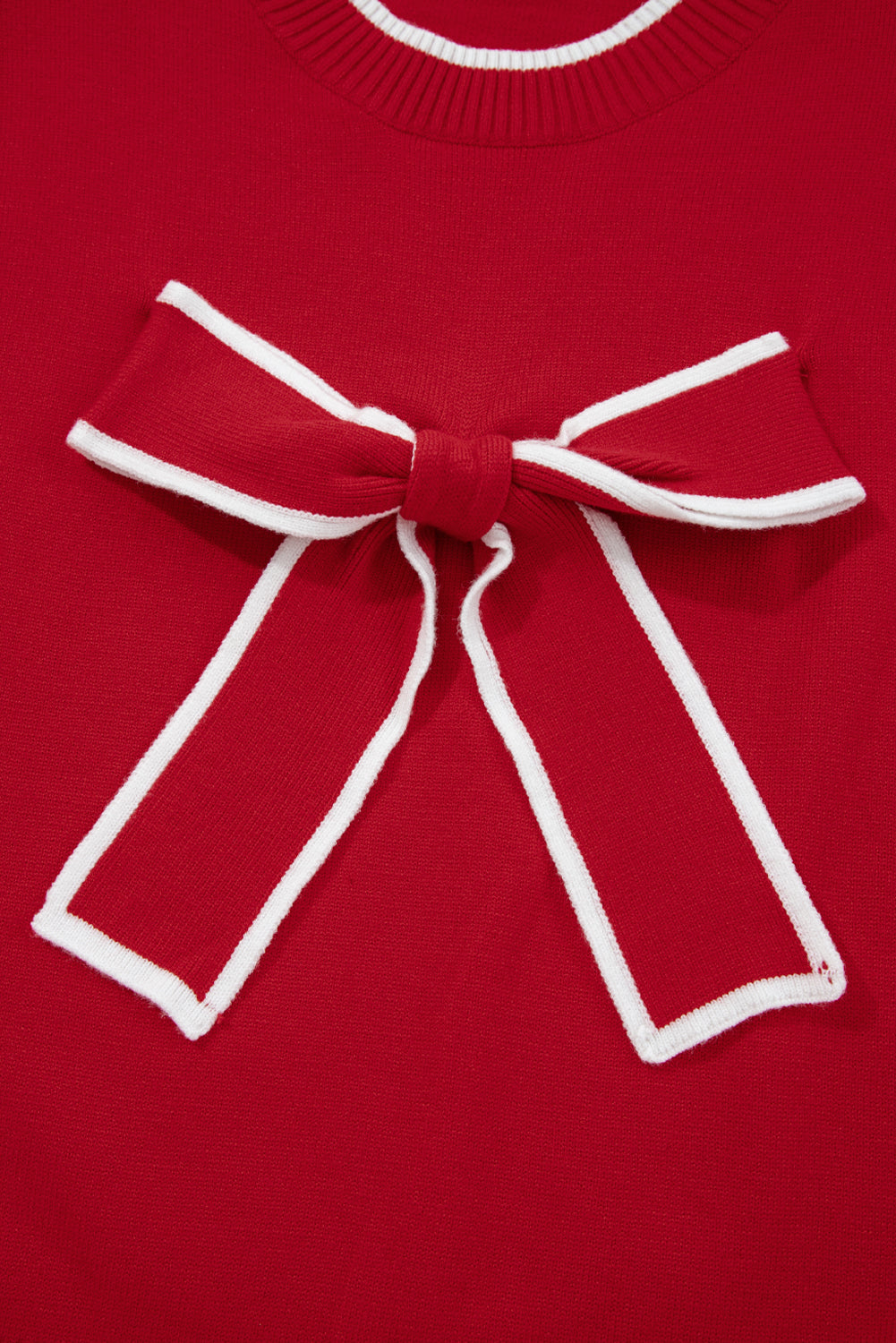 Bow Contrast Trim Long Sleeve Cropped Christmas Sweater