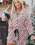 Christmas Stripe Velvet Bow Cuffs Pajama Set