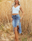 Alexis Irregular Distressed Bottom Denim Midi Skirt