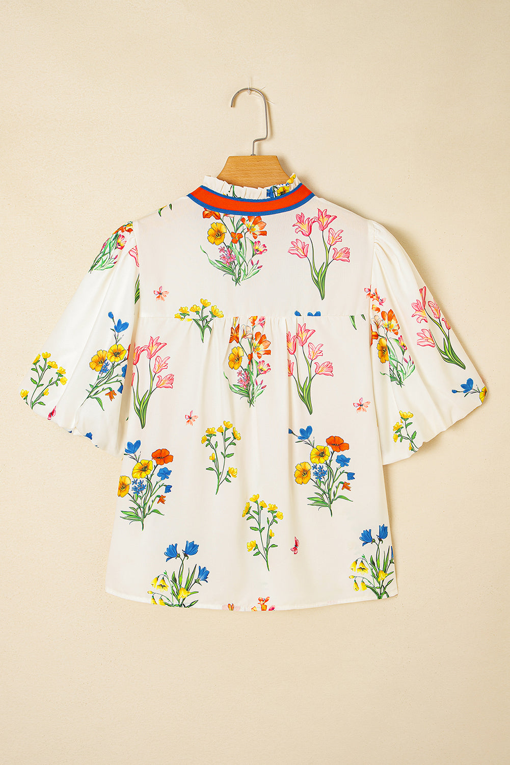 Floral Contrast Puff Sleeve Blouse