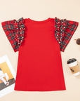 Plaid Patchwork Pearl Ruffle Sleeve T-Shirt