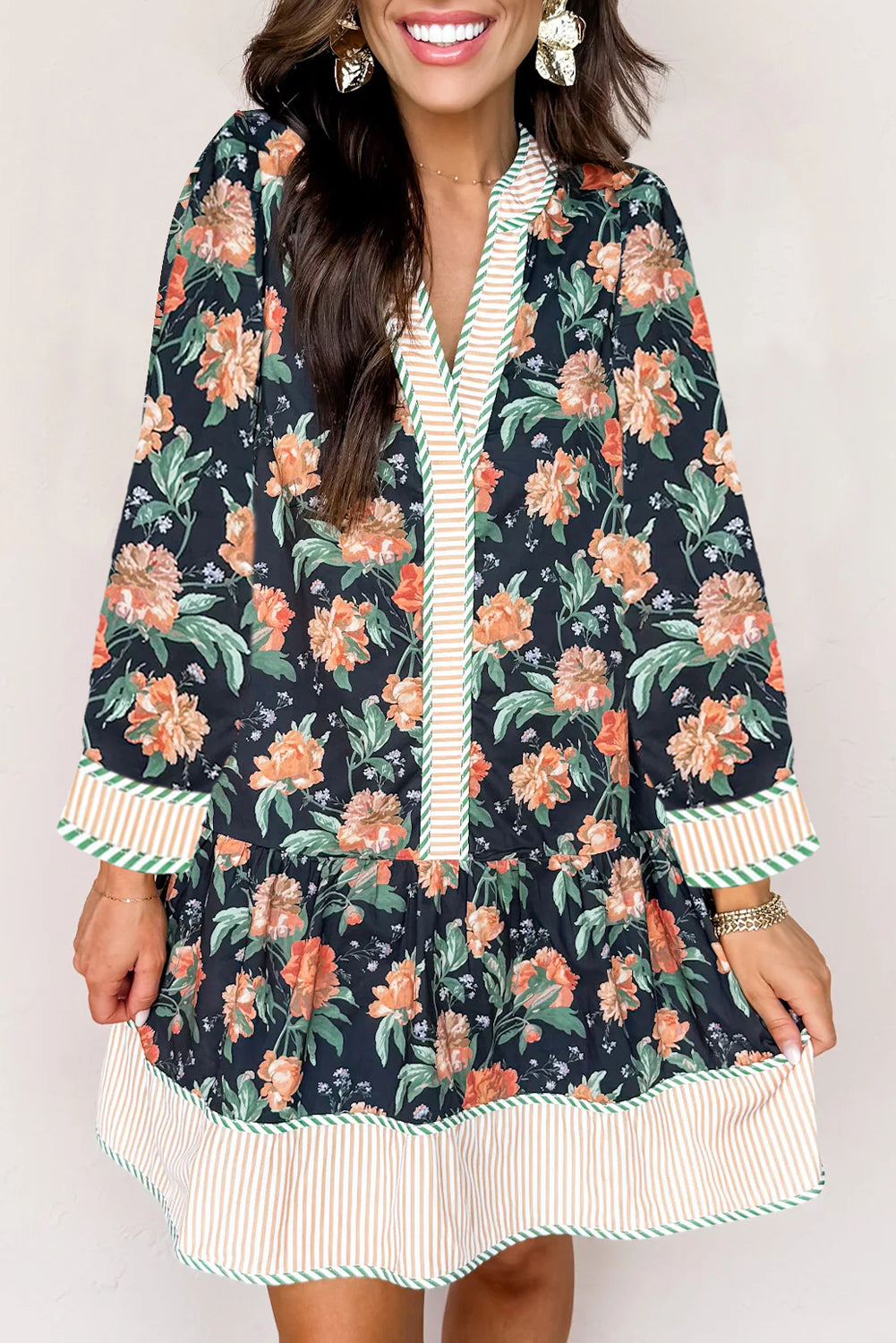 Floral Stripe Trim V-Neck Ruffle Hem Mini Dress