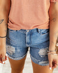 Lina Distressed Ripped Rolled Hem Sky Blue Denim Shorts