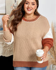 Plus Size Colorblock Knit Contrast Stitch Crewneck Sweater