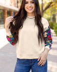 Floral Sleeve Textured Knit Drop Shoulder Top
