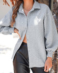 Solid Cable Knit Textured Puff Sleeve Shacket