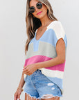 Stripe Colorblock V-Neck Sweater T-Shirt