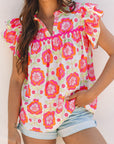 Floral Ricrac Trim  Ruffle Sleeve Blouse
