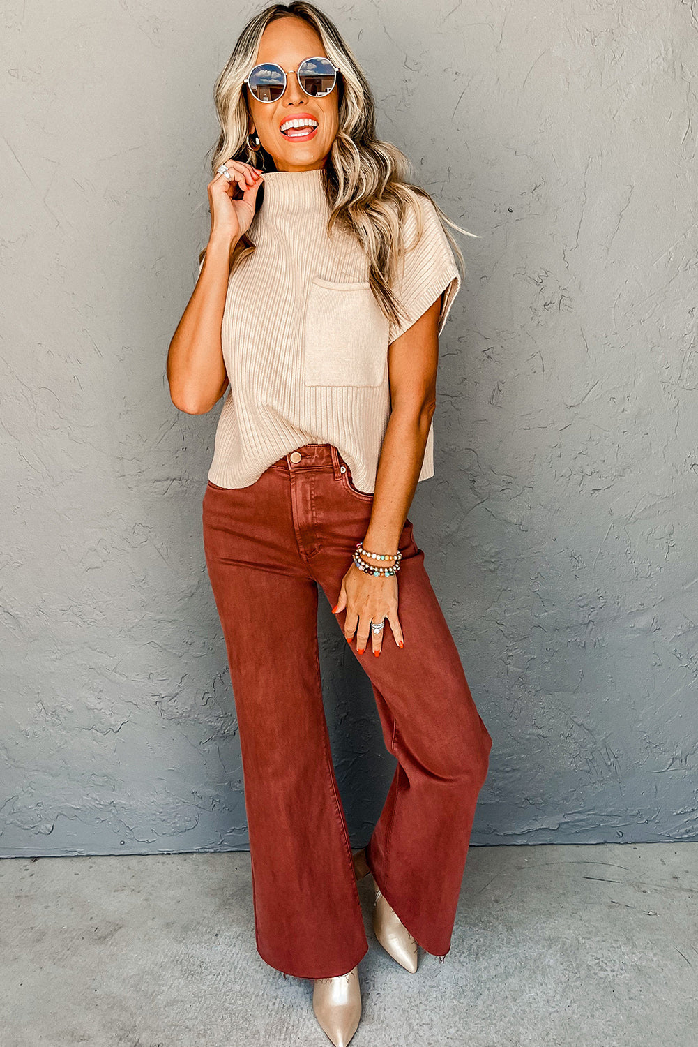 Ribbed Knit Short Sleeve Sweater