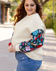 Plus Size Floral Patchwork Sleeve Textured Top