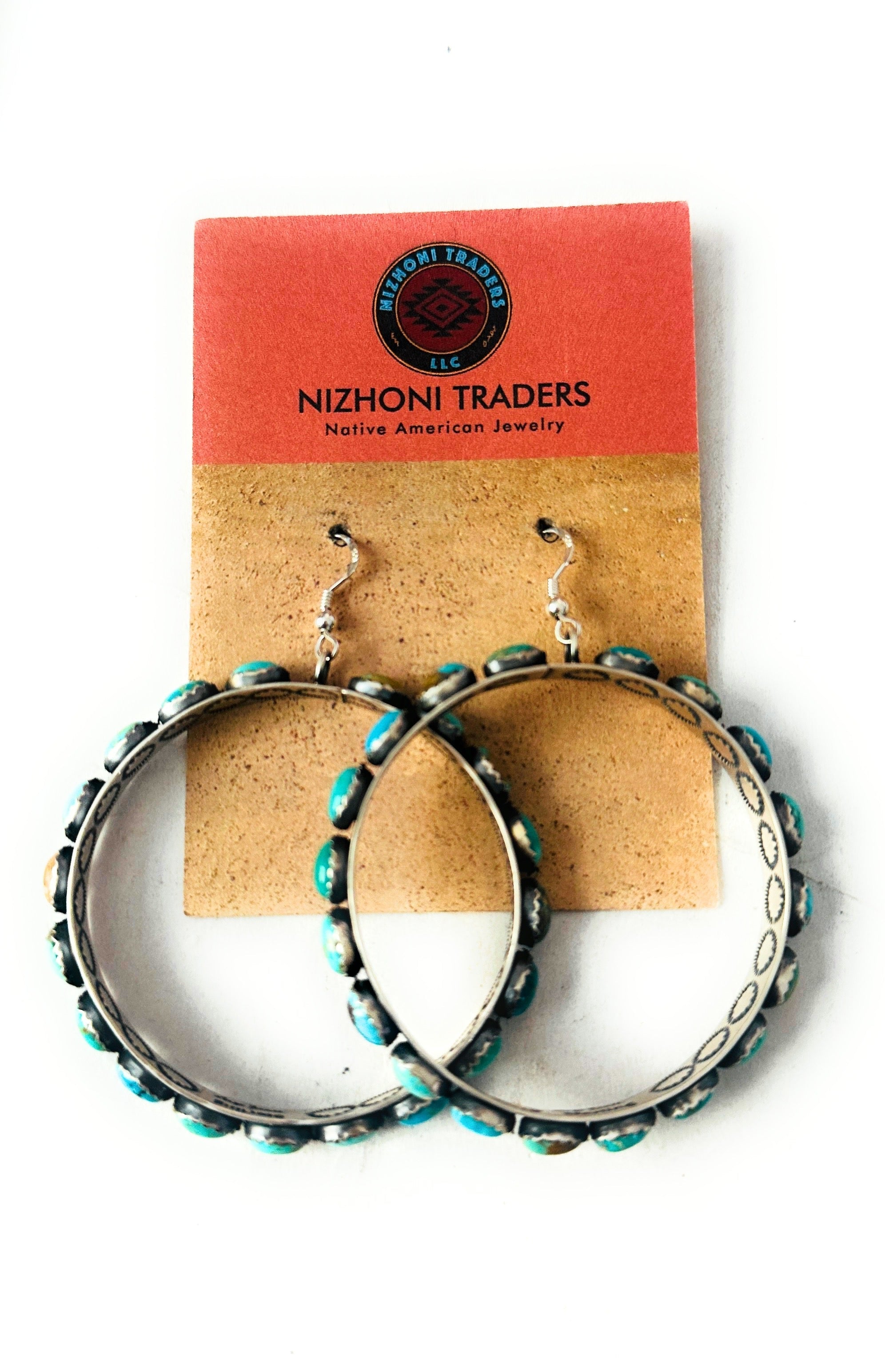 Navajo Turquoise & Sterling Silver Dangle Hoop Earrings by Leroy James