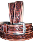 32-46 In Western Leather Belt Men Tan Tooled Dark Brown Stitching