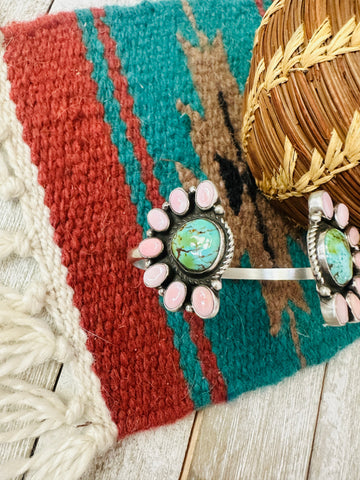 Navajo Queen Pink Conch, Turquoise & Sterling Silver Floating Cuff Bracelet