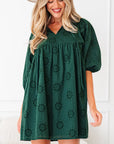 Solid Embroidered Eyelet 3/4 Sleeve Mini Dress