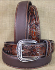 Western Belt Ariat Silver Buckle Leather Mens Tooled Floral 32-46