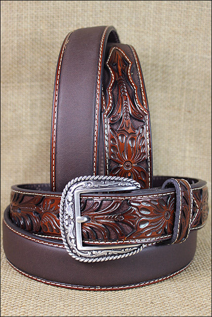 Western Belt Ariat Silver Buckle Leather Mens Tooled Floral 32-46