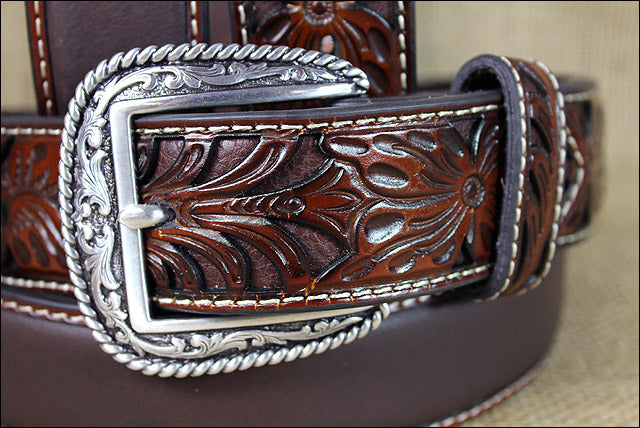 Western Belt Ariat Silver Buckle Leather Mens Tooled Floral 32-46