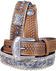 Western Stamp Leather Belt Men Nocona Conchos Natural Basket 32-46 Inches