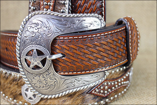 Western Cowboy Belt Nocona Hair Star Concho Brown Leather 34-46 Ines