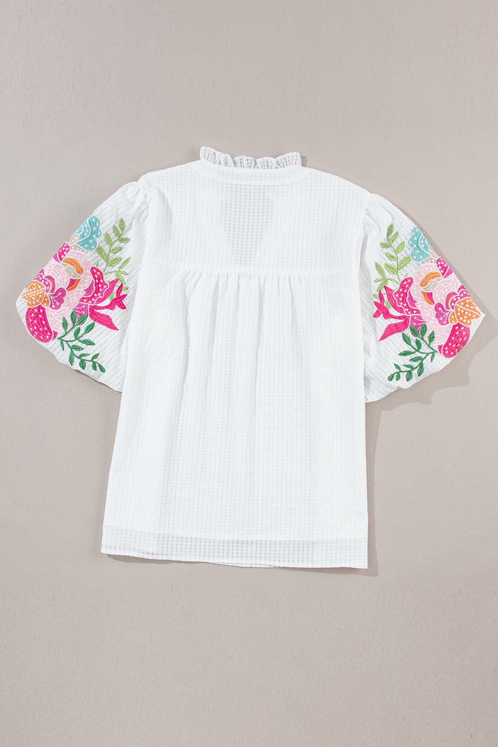 Priscilla Embroidered Puff Sleeve Notched Neck Blouse