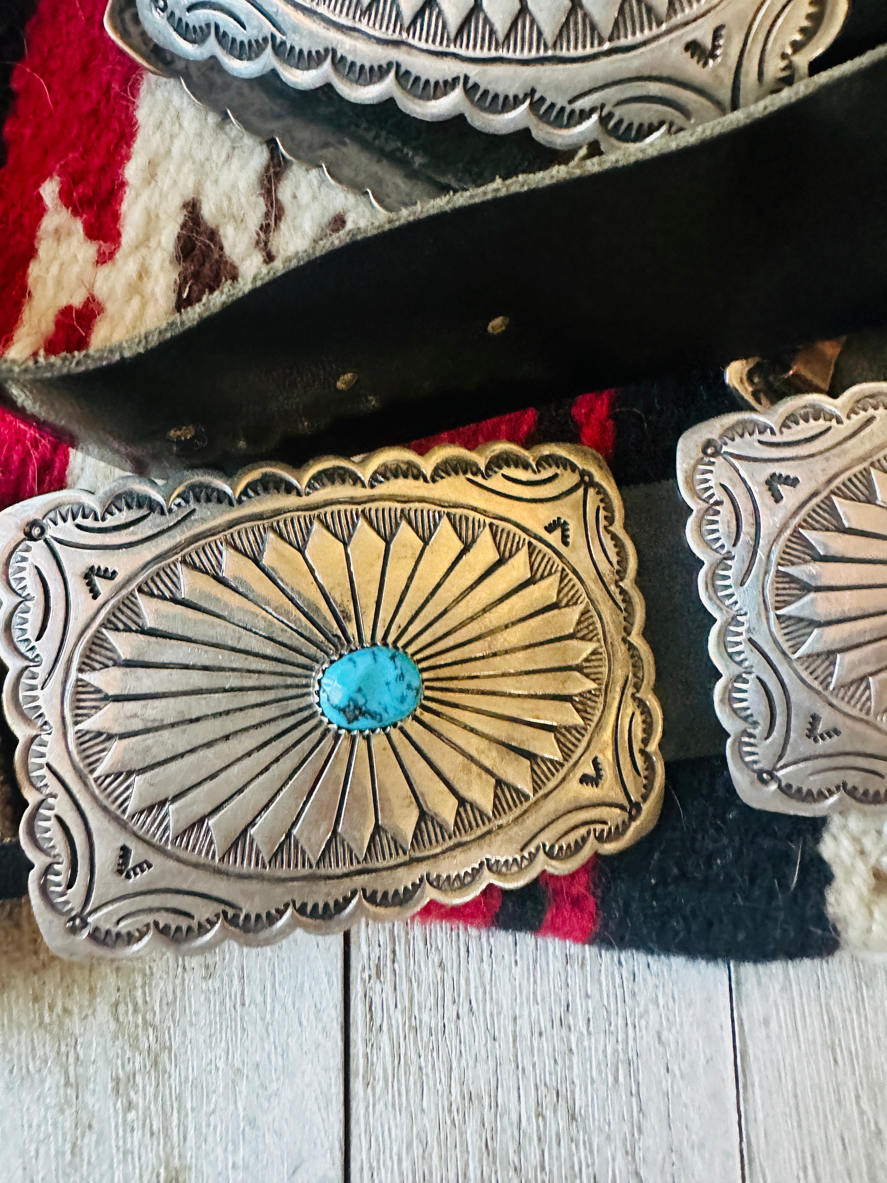 Vintage Navajo Black Leather And Sterling Silver Turquoise Concho Belt