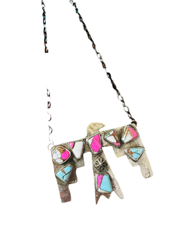 Zuni Sterling Silver & Cotton Candy Thunderbird Necklace by Jude Candelaria