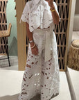 Crochet Floral Lace Button-down shirts & wide leg pant set