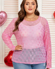 Pink Plus Size Bow Embroidered Mesh Long Sleeve Top