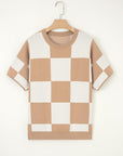 Checker Short Sleeve Drop Shoulder Sweater