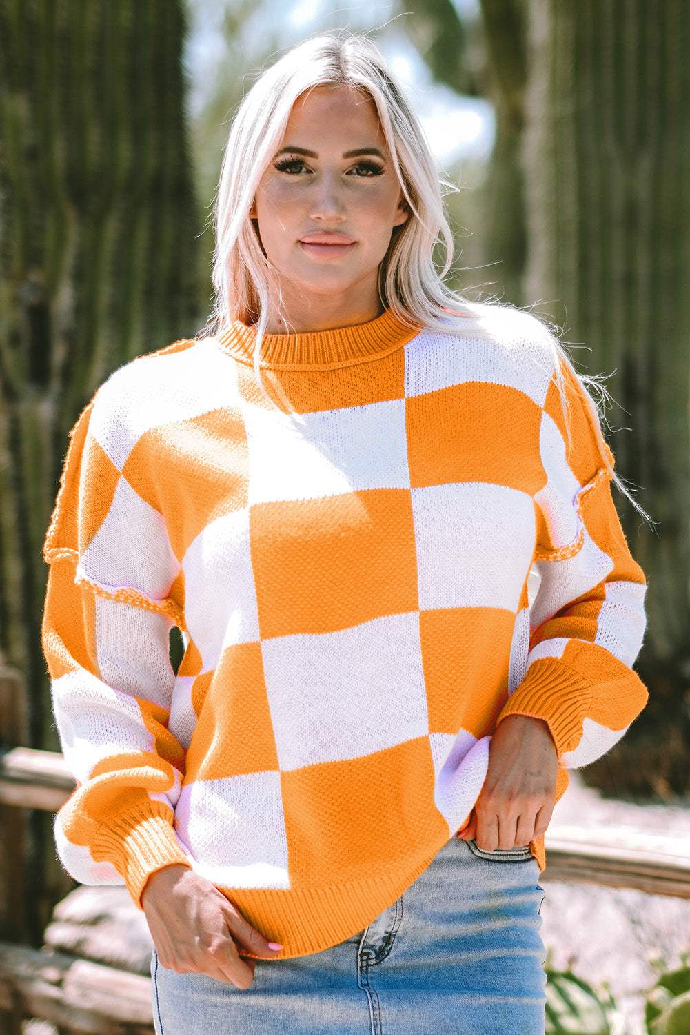 Checker Bishop Sleeve Sweater