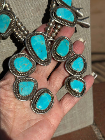 Estate Collection Old Pawn Navajo Turquoise & Sterling Silver Squash Blossom Necklace