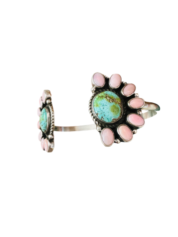 Navajo Queen Pink Conch, Turquoise & Sterling Silver Floating Cuff Bracelet