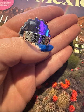 Handmade Sterling Silver Golden Hills Turquoise Adjustable FLOWER Ring Signed Nizhoni TEARDROP