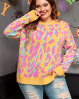 Plus Size Leopard Ribbed Trim Crewneck Sweater