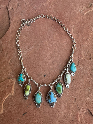 Beautiful Handmade Sterling Silver, Golden Hills Turquoise, Sonoran Turquoise & Palomino Turquoise Charm Necklace