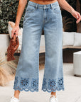 Solid Denim Embroidered Wide Leg Jeans