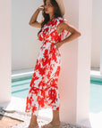 Scarlett Floral Trimmed V Neck Ruffle Sleeve Long Dress