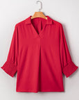 Plus Size Solid Collared V-Neck Smocked 3/4 Sleeve Top