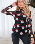 Santa Christmas Mesh Long Sleeve Top