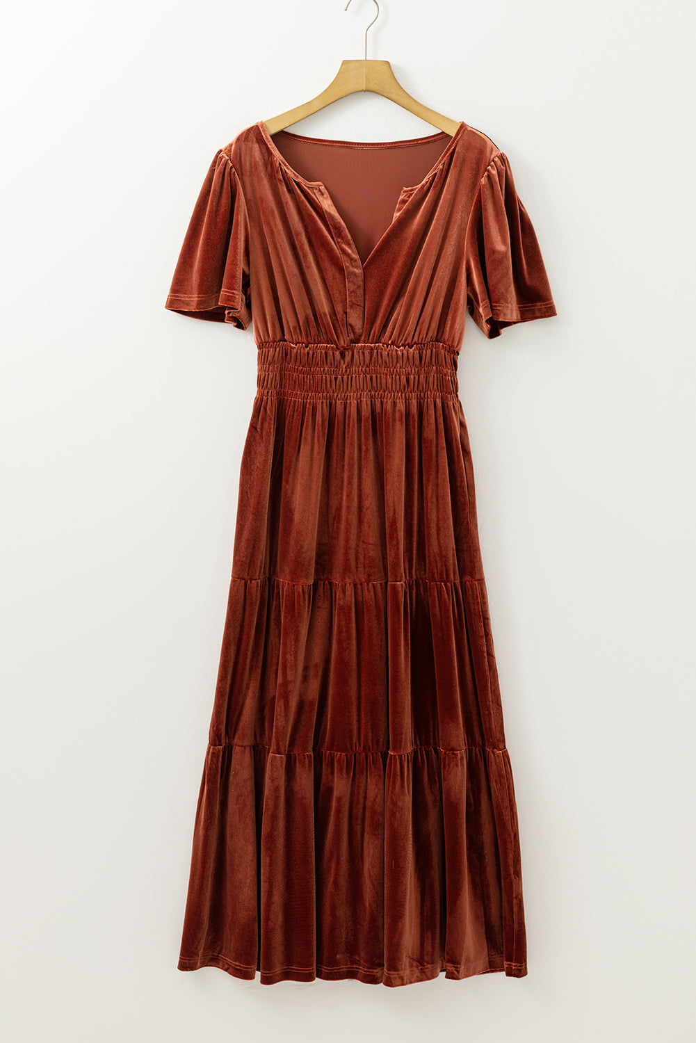Velvet Shirred Waist Tiered Maxi Dress