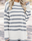 Stripe Ribbed Side-Button Drop Shoulder Sweater