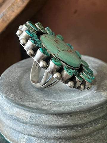 Navajo Sterling Silver Around The World Kingman Cluster Ring by B Yellowhorse, Size 7.5