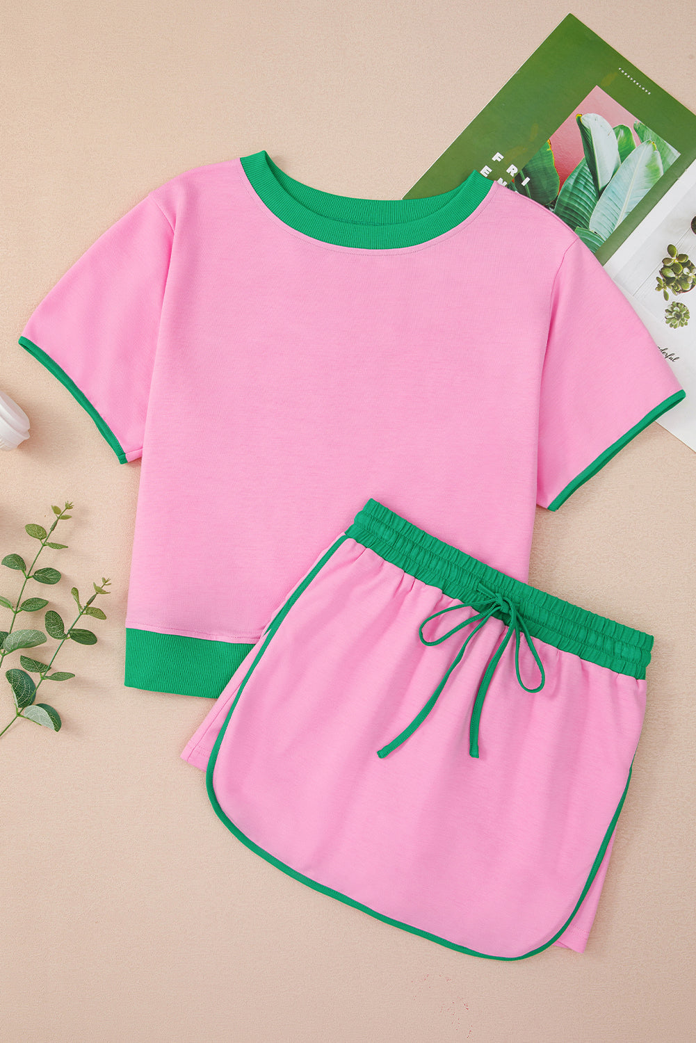 Colorblock Edge Drop Shoulder T Shirt and Skort Set