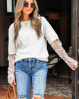 Lace Patchwork Sleeve Faux Two-Piece Fuzzy Sweater