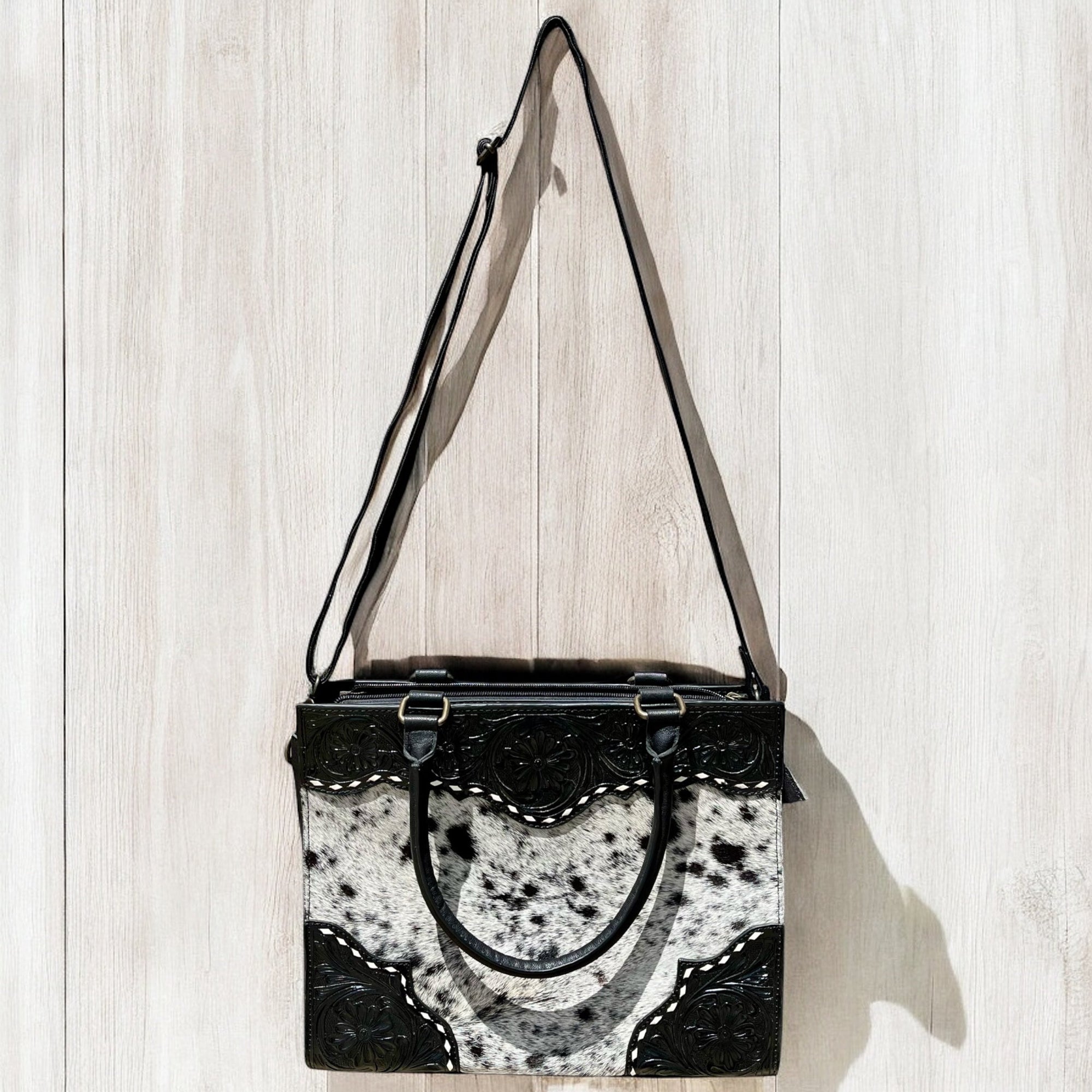 Black cowhide &amp; tooled leather Crossbody purse