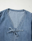 Solid Denim Tie-Front Puff Sleeve Top
