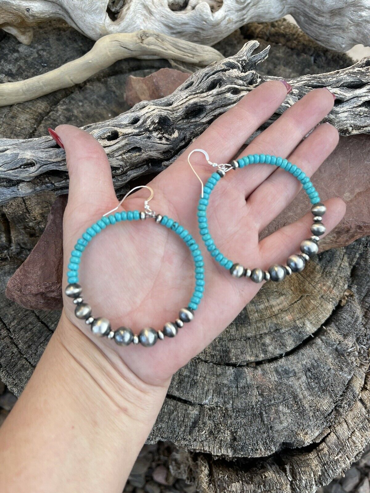 Stunning Blue Turquoise Sterling Hoop Earrings